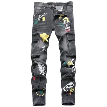 Мужские джинсы-карго с карманами, брюки с рисунком черепа, Серые Черные Тонкие зауженные брюки-стрейч