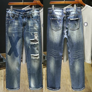 Мужские свободные прямые брюки tide гонконгского бренда с широкими штанинами high street denim, джинсы-попрошайки, осенне-зимние новые рваные джинсы