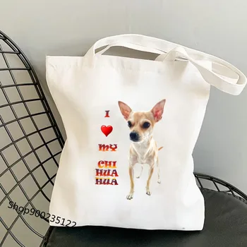 Мультяшная Собака Большой Емкости Сумки Для Покупок, Милая сумка, Я Люблю Свою Чихуахуа, Графические Забавные Холщовые Сумки Для Покупок, Сумки на одно плечо