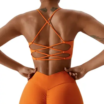 Однотонные колготки U-образной формы, женский сексуальный спортивный бюстгальтер для фитнеса, облегающий топ для йоги, Перекрещивающийся на спине плечевой ремень, Съемная накладка на грудь