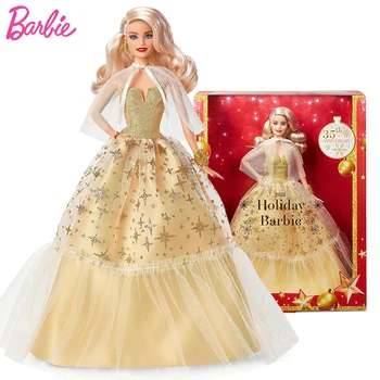 Оригинальная праздничная кукла Barbie Signature на 35-ю годовщину 2023 года, Сезонное Золотое платье, игрушки для девочек со светлыми волосами, подарки для детей