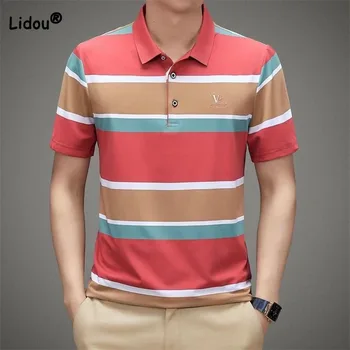 Повседневная Корейская рубашка Поло контрастного цвета в полоску с вырезом лодочкой для мужчин, Модная Деловая офисная рубашка с коротким рукавом, Летняя Новая Мужская одежда