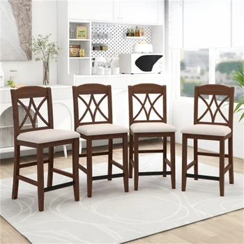 Повседневные обеденные стулья с деревянной обивкой высотой со стойку и перекрещивающимися спинками из 4 предметов, прочные и просты в сборке для ресторана