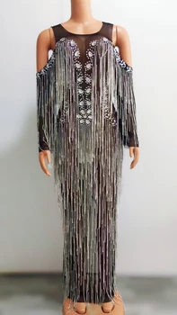 Прозрачный костюм для празднования дня рождения Со стразами, сексуальное прозрачное сетчатое платье с кристаллами и цепочками