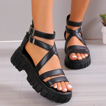 Римские сандалии бренда 2023, Летние женские сандалии с двойной пряжкой, Повседневная платформа, Толстый каблук, Модный дизайн, Женская обувь Zapatos Mujer