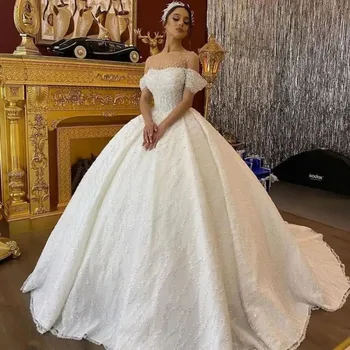Роскошное бальное платье с вышивкой бисером и жемчугом, свадебное платье 2023, сексуальное свадебное платье Princsss с открытыми плечами на шнуровке, супер блестящее свадебное платье Princsss