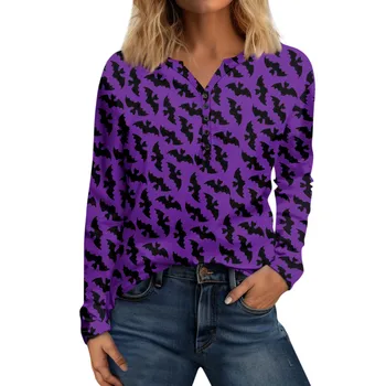 Рубашка для женщин, винтажная блузка с принтом на Хэллоуин, модный пуловер с V-образным вырезом и длинным рукавом, топы, рубашки, Женская повседневная свободная толстовка