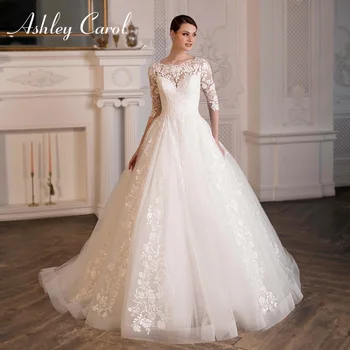 Свадебные платья Ashley Carol с бальным платьем 2023, аппликации Невесты с круглым вырезом Наполовину, Потрясающее Свадебное платье Принцессы Vestidos De Novia