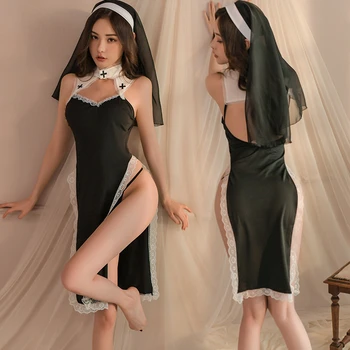 Сексуальная монахиня, косплей, костюмы на Хэллоуин, женское кружевное белье, Эротическая униформа, аниме-готическая ролевая игра, костюм Лолиты с длинным платьем.