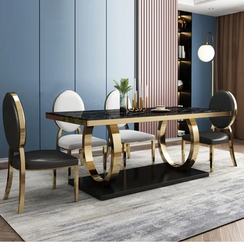 Современные роскошные Кухонные столы для домашнего использования Мебельный гарнитур Столешница из натурального мрамора Металлический каркас Дизайнерский Обеденный стол и стулья