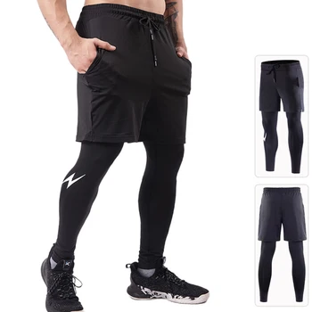 Спортивная одежда для тренировок, двухслойные мужские брюки, шорты и леггинсы 2в1 Компрессионные брюки из лайкры для бега налегке