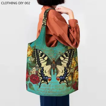 Сумка для покупок с милым принтом в виде бабочки и цветка, прочная холщовая сумка для покупок через плечо
