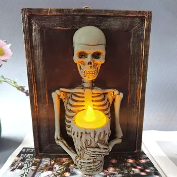 Украшение для Хэллоуина Скелет со светодиодной подсветкой, скелет со свечой в рамке, светодиодная подсветка, настенный орнамент, свеча
