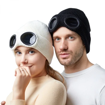 Уличная шапка, осенне-зимние ветрозащитные очки для мужчин и женщин, плюшевая лыжная вязаная шапка, теплая и морозостойкая шерстяная шапка