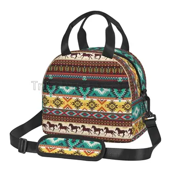 Утепленная сумка для ланча с натуральным рисунком Лошади, этническая геометрическая сумка для бенто, Многоразовый термос для ланча с регулируемым плечевым ремнем