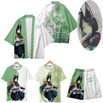 Футболка и шорты Tighnari для косплея Genshin Impact, комплект костюмов-кимоно, Летний плащ Хаори с коротким рукавом, уличная одежда, топы в стиле харадзюку
