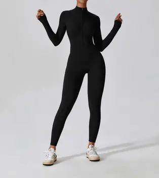 Цельный спортивный комплект для йоги на молнии с длинным рукавом, однотонный дышащий быстросохнущий боди, одежда для фитнеса, комплект для тренажерного зала, одежда для тренировок