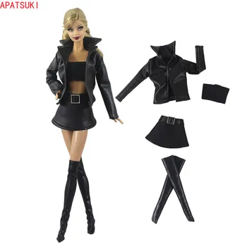 Черный кожаный комплект одежды для куклы Барби, модное короткое пальто, куртка, юбка, Топ, чулки для кукол Barbie 1/6, аксессуары для кукол