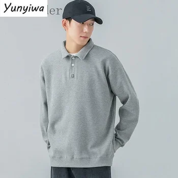 Японская футболка с отворотом и вафлями, мужская осенне-зимняя нижняя рубашка, Свободная толстовка с отложным воротником, простой топ с длинным рукавом