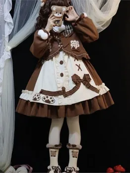 Японское милое платье в стиле Лолиты, женское пальто с длинным рукавом в стиле Кавайный бант, бисквитный мишка, платья в клетку, лоскутное шитье, комплекты в стиле Лолиты и фартук