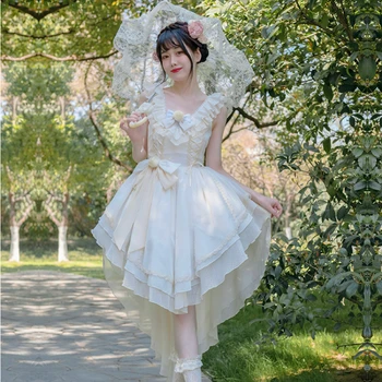 Японское элегантное платье в стиле Лолиты в винтажном стиле, Женское платье с кружевным бантом и цветочным рисунком, платье принцессы в Викторианском стиле без рукавов